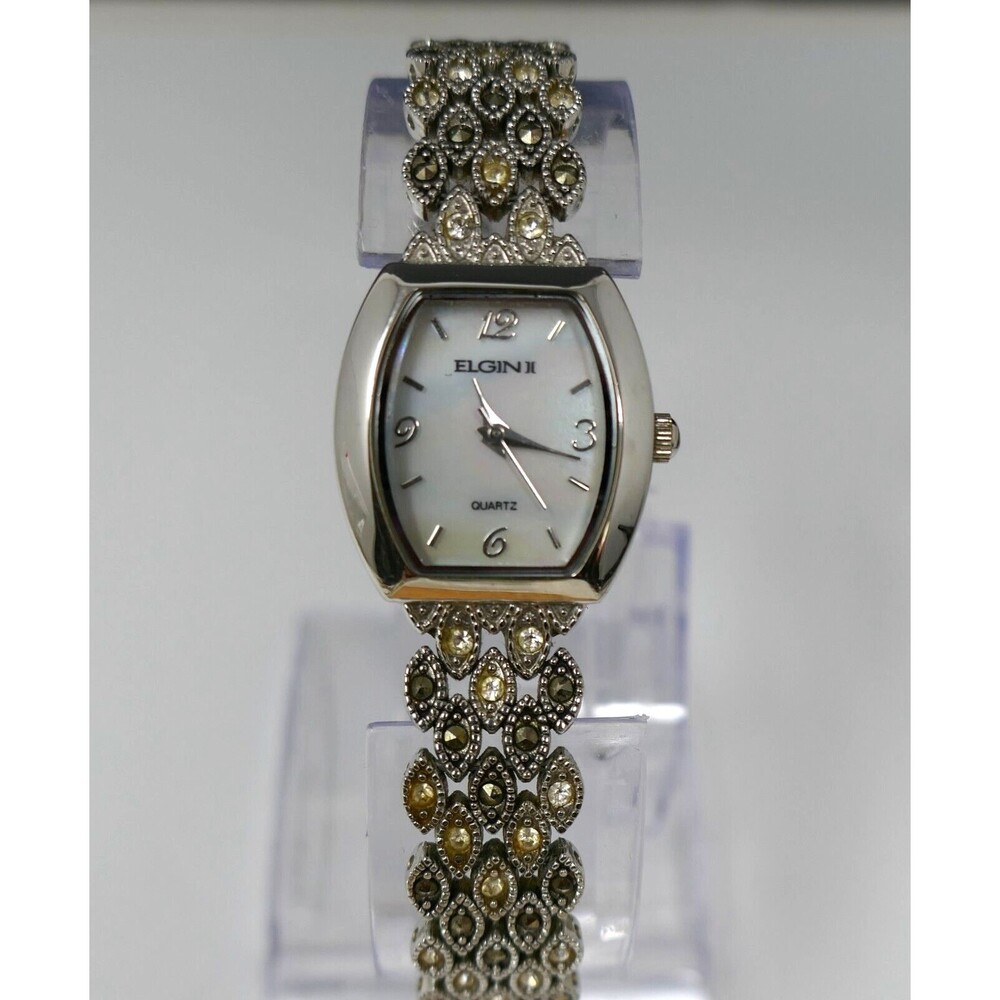 Elgin II Crystal Marcasite Silver Tone Ladies Quartz Watch NEW BATTERY